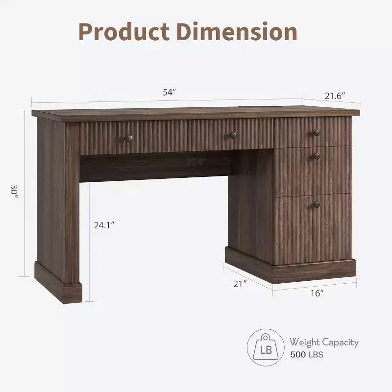 60" Modern Office Executive Desk with Fluted Wood Top, File Cabinet & Drawers, Spacious Storage Writing Desk for Home Office, Study & Bedroom