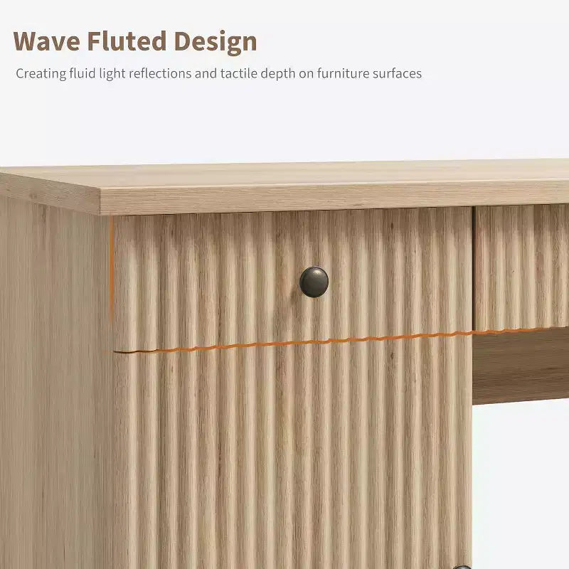 60" Modern Office Executive Desk with Fluted Wood Top, File Cabinet & Drawers, Spacious Storage Writing Desk for Home Office, Study & Bedroom