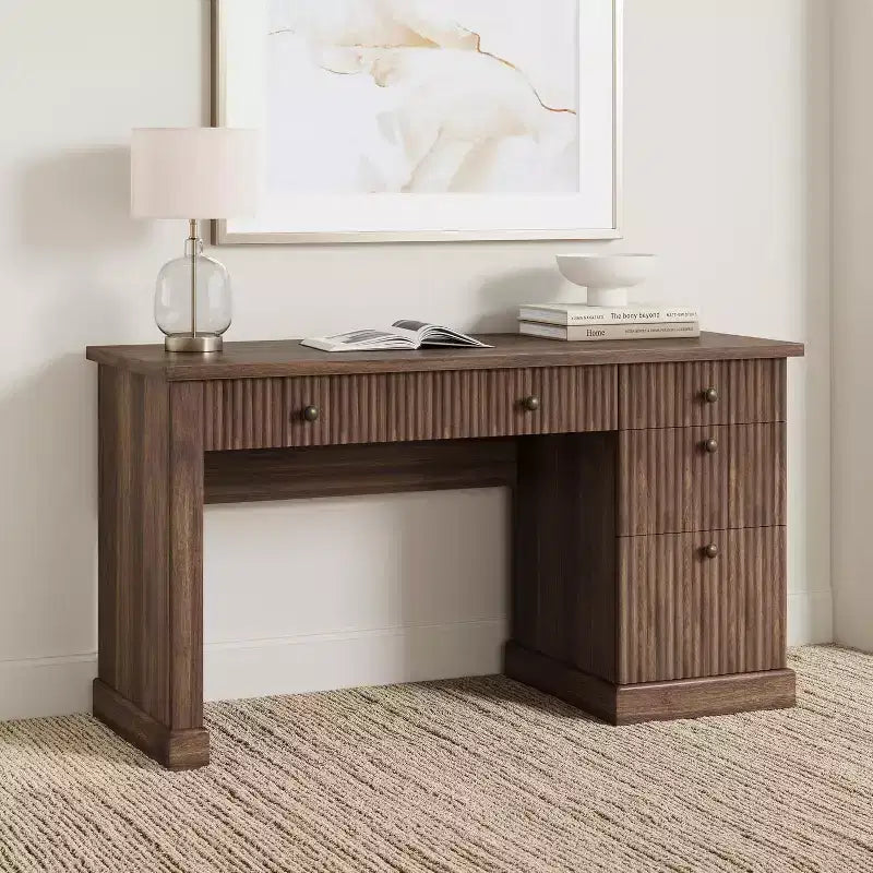 60" Modern Office Executive Desk with Fluted Wood Top, File Cabinet & Drawers, Spacious Storage Writing Desk for Home Office, Study & Bedroom