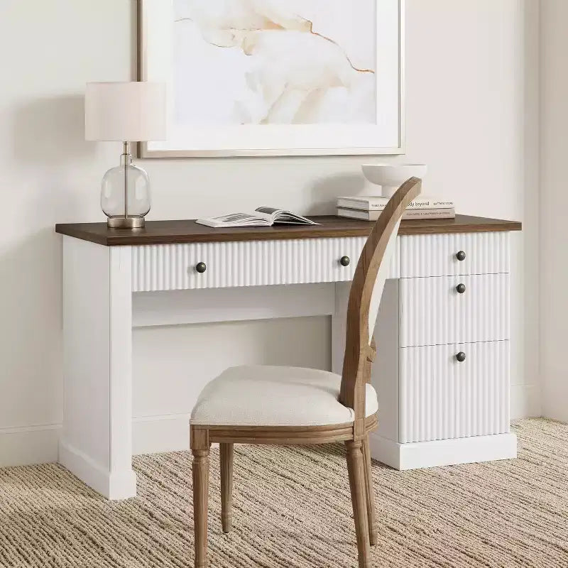 60" Modern Office Executive Desk with Fluted Wood Top, File Cabinet & Drawers, Spacious Storage Writing Desk for Home Office, Study & Bedroom
