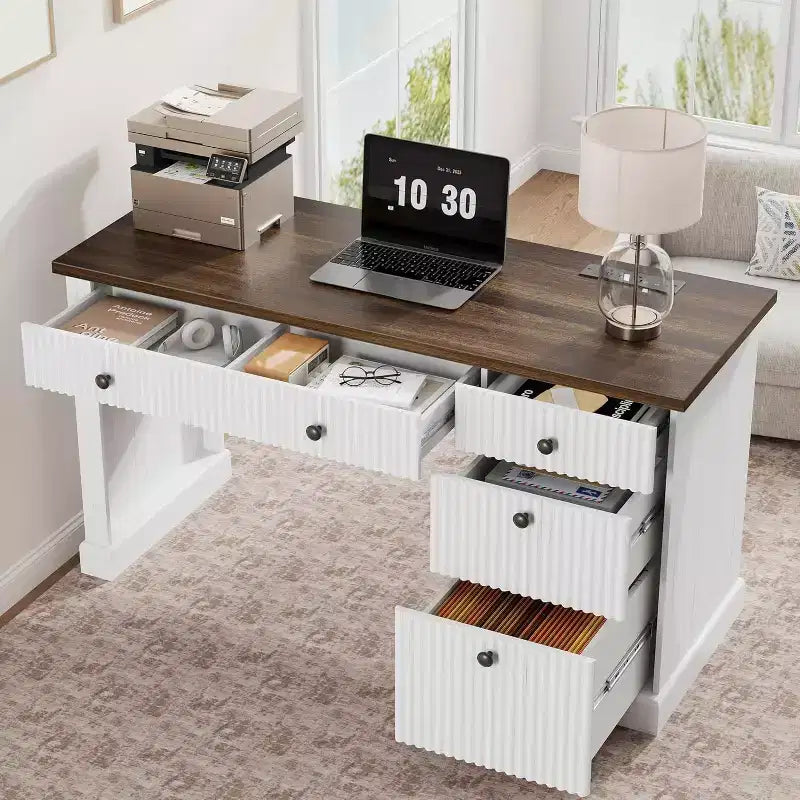 60" Modern Office Executive Desk with Fluted Wood Top, File Cabinet & Drawers, Spacious Storage Writing Desk for Home Office, Study & Bedroom