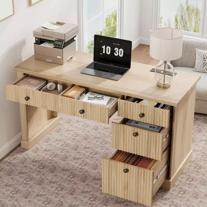 60" Modern Office Executive Desk with Fluted Wood Top, File Cabinet & Drawers, Spacious Storage Writing Desk for Home Office, Study & Bedroom