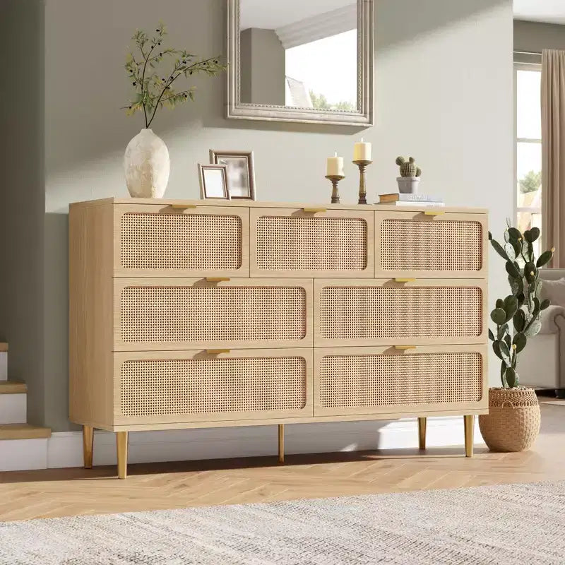 Rattan 7-Drawer Dresser for Bedroom - 53.9 Wooden Chest of Drawers w/Metal Handles, Multi-Functional TV Stand & Storage Organizer