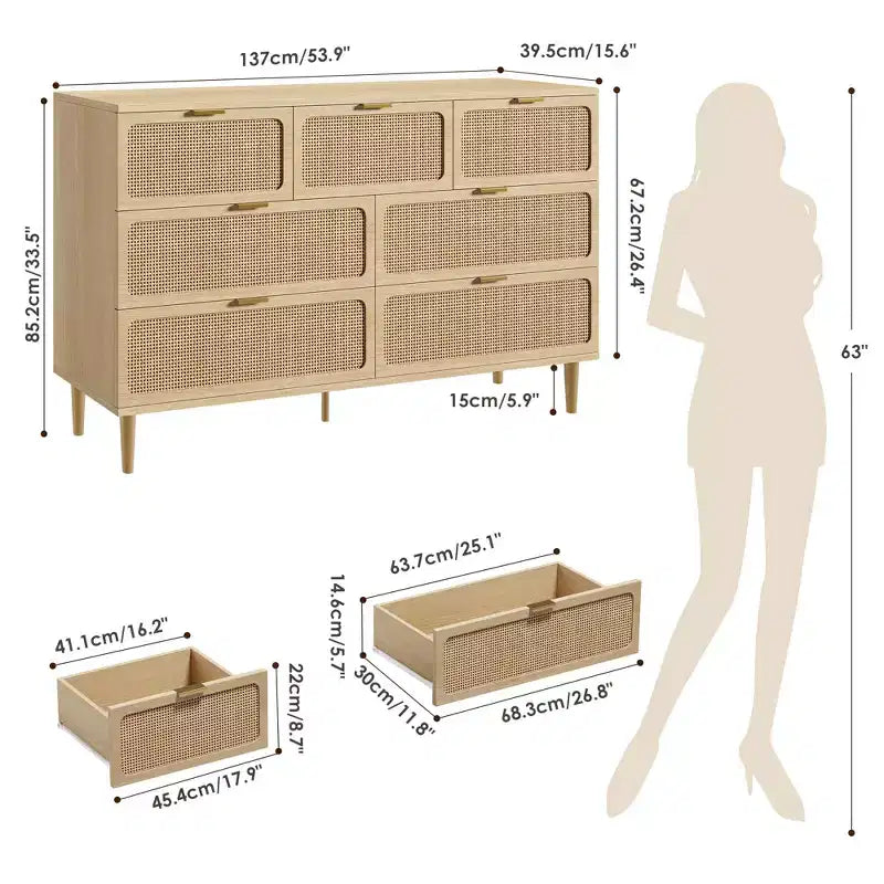 Rattan 7-Drawer Dresser for Bedroom - 53.9 Wooden Chest of Drawers w/Metal Handles, Multi-Functional TV Stand & Storage Organizer
