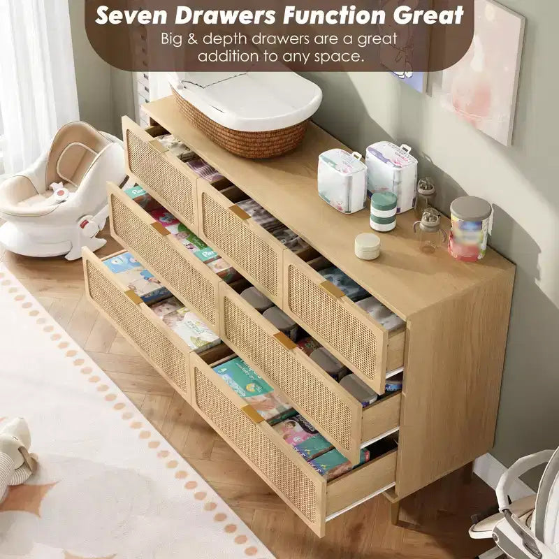 Rattan 7-Drawer Dresser for Bedroom - 53.9 Wooden Chest of Drawers w/Metal Handles, Multi-Functional TV Stand & Storage Organizer