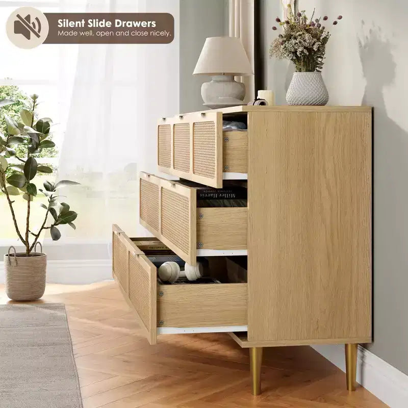 Rattan 7-Drawer Dresser for Bedroom - 53.9 Wooden Chest of Drawers w/Metal Handles, Multi-Functional TV Stand & Storage Organizer