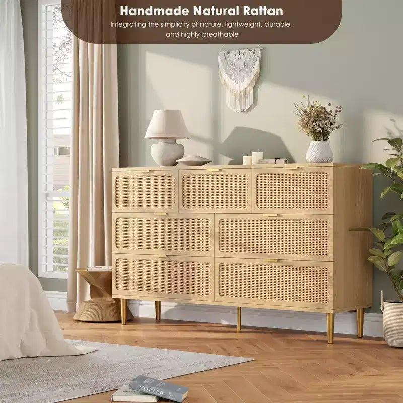 Rattan 7-Drawer Dresser for Bedroom - 53.9 Wooden Chest of Drawers w/Metal Handles, Multi-Functional TV Stand & Storage Organizer