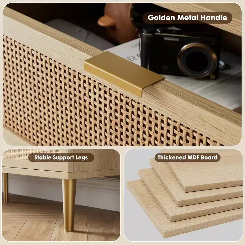 Rattan 7-Drawer Dresser for Bedroom - 53.9 Wooden Chest of Drawers w/Metal Handles, Multi-Functional TV Stand & Storage Organizer