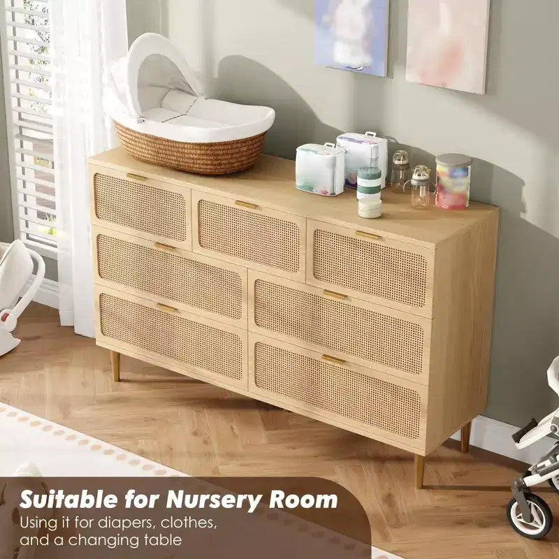 Rattan 7-Drawer Dresser for Bedroom - 53.9 Wooden Chest of Drawers w/Metal Handles, Multi-Functional TV Stand & Storage Organizer