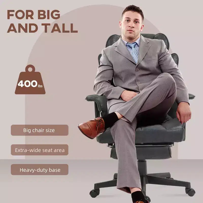 Tall Executive Office Chair with Foldable Footrest, Computer Chair with Lumbar Support and Reclining Back, Comfy Chair for Study, Office