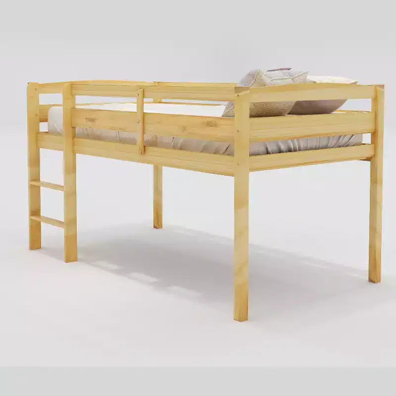 Low Loft Bed with Ladder, Wood Loft Bed Twin Size for Adults, Kids and Young Teens, Wood Slat Support Walnut
