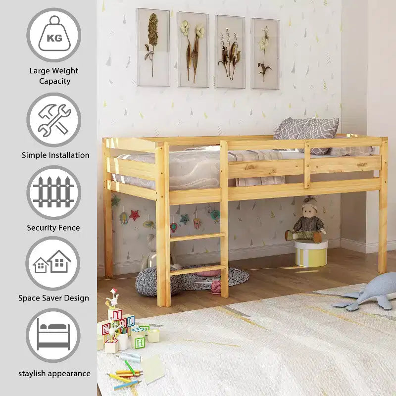 Low Loft Bed with Ladder, Wood Loft Bed Twin Size for Adults, Kids and Young Teens, Wood Slat Support Walnut