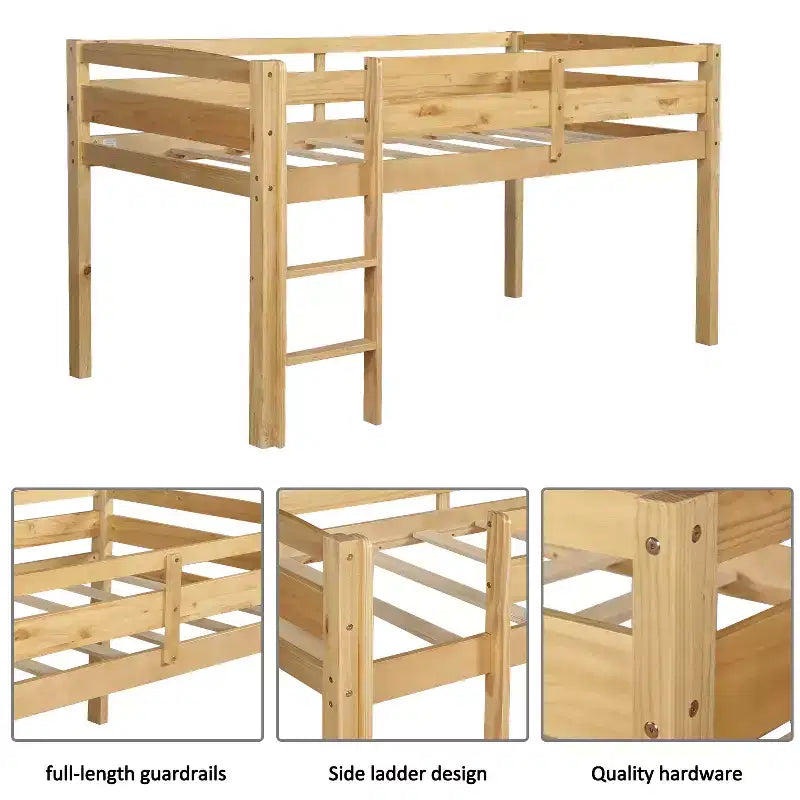 Low Loft Bed with Ladder, Wood Loft Bed Twin Size for Adults, Kids and Young Teens, Wood Slat Support Walnut