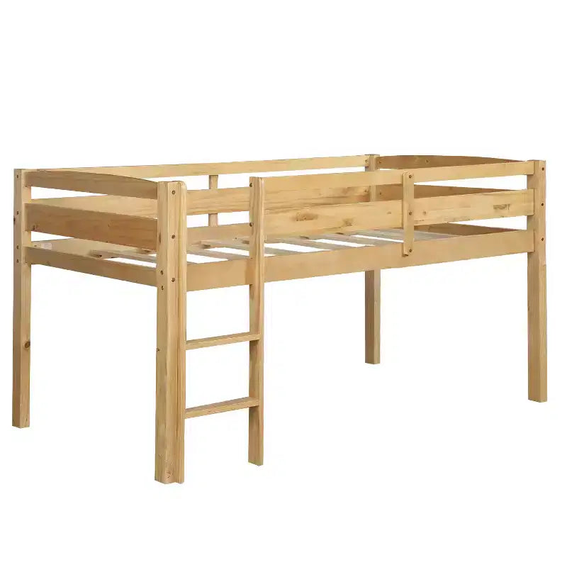 Low Loft Bed with Ladder, Wood Loft Bed Twin Size for Adults, Kids and Young Teens, Wood Slat Support Walnut