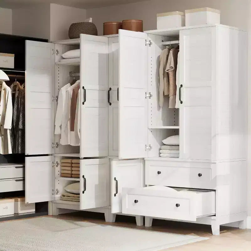 72" Wooden Armoire Wardrobe with 4 Doors, Freestanding Closet with Hanging Rod & 18 Adjustable Shelves for Bedroom Clothing Storage