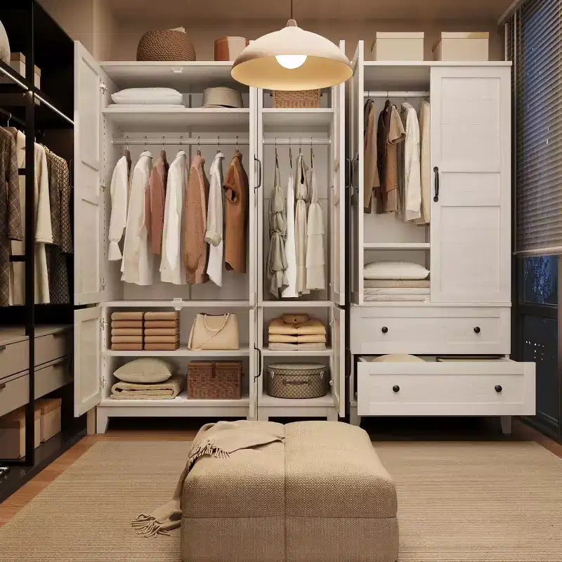 72" Wooden Armoire Wardrobe with 4 Doors, Freestanding Closet with Hanging Rod & 18 Adjustable Shelves for Bedroom Clothing Storage