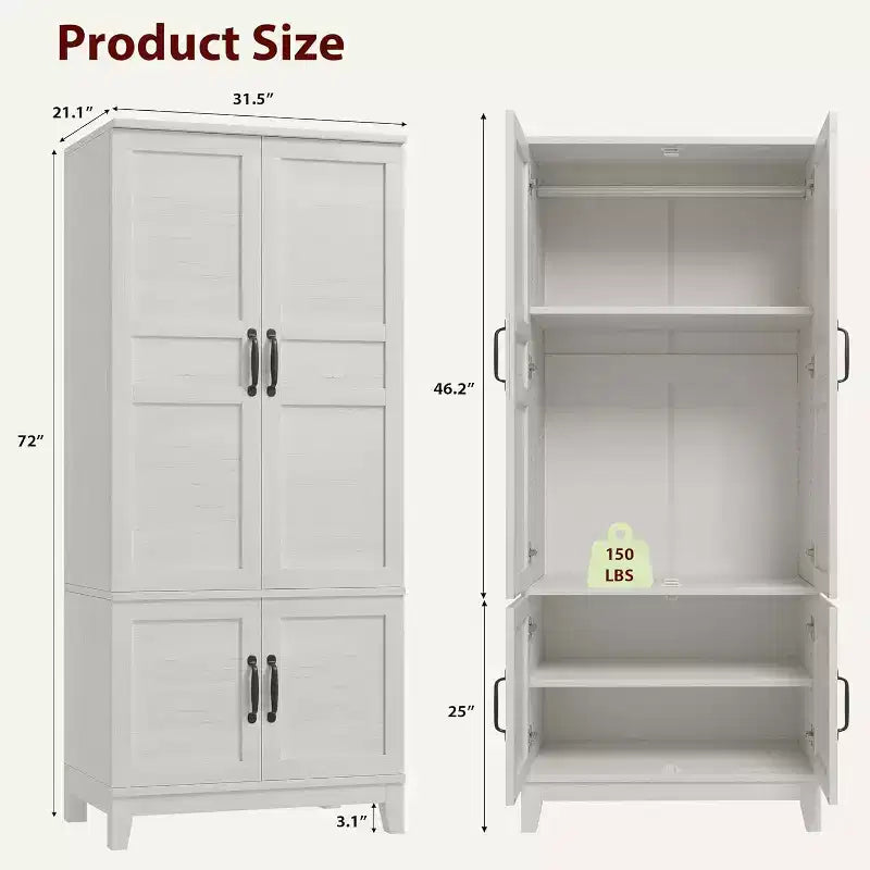 72" Wooden Armoire Wardrobe with 4 Doors, Freestanding Closet with Hanging Rod & 18 Adjustable Shelves for Bedroom Clothing Storage