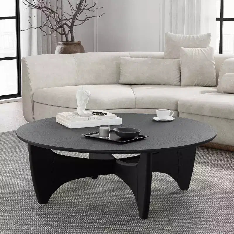 38" Round Modern Coffee Table, Farmhouse Solid Wood Tea Table with Cross Sturdy Legs, Black