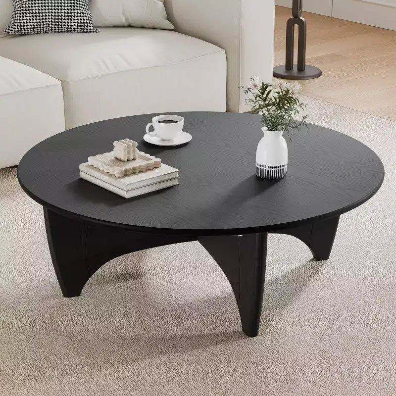 38" Round Modern Coffee Table, Farmhouse Solid Wood Tea Table with Cross Sturdy Legs, Black