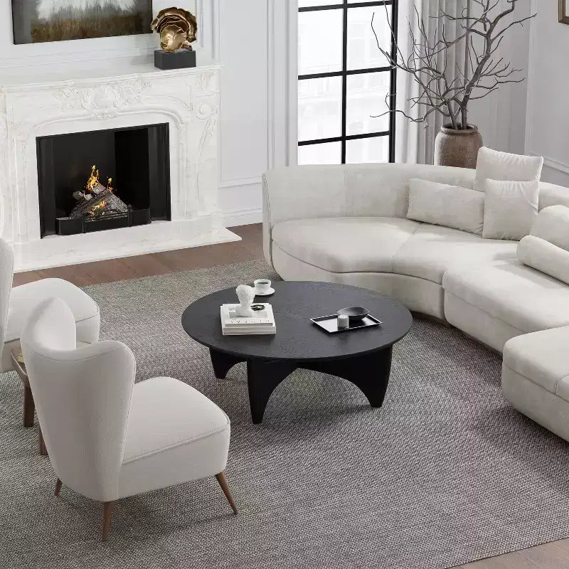 38" Round Modern Coffee Table, Farmhouse Solid Wood Tea Table with Cross Sturdy Legs, Black