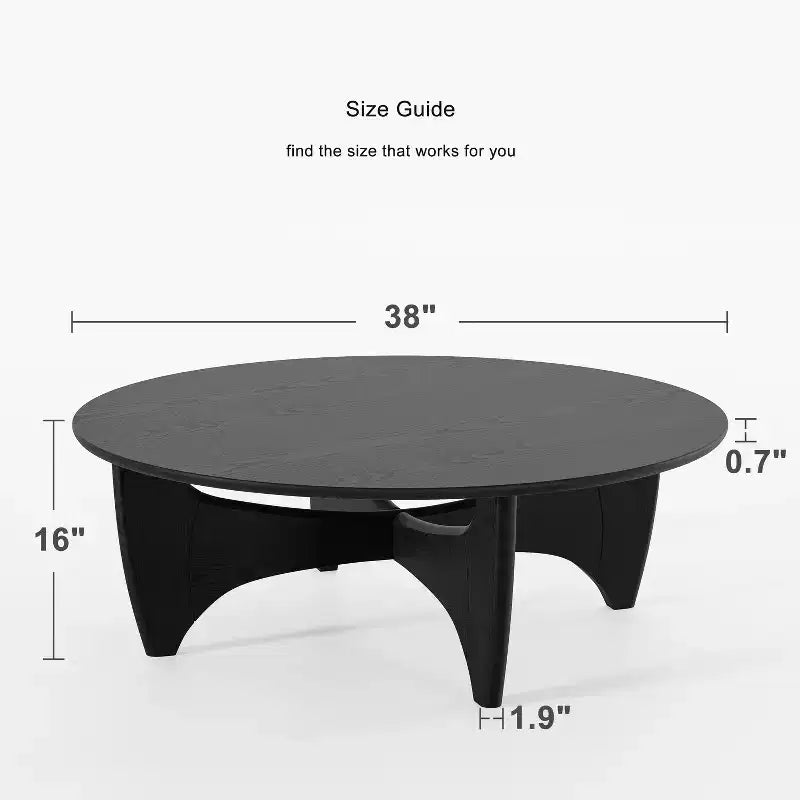 38" Round Modern Coffee Table, Farmhouse Solid Wood Tea Table with Cross Sturdy Legs, Black