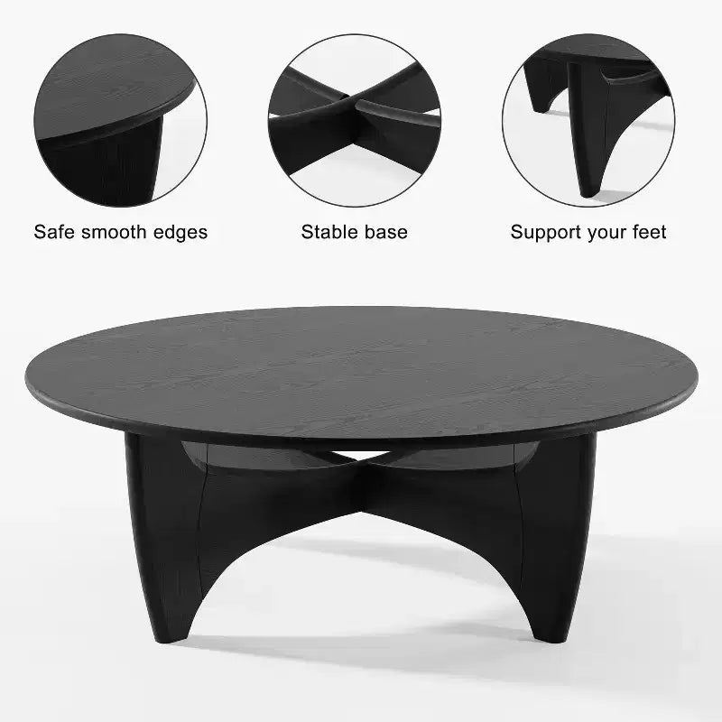 38" Round Modern Coffee Table, Farmhouse Solid Wood Tea Table with Cross Sturdy Legs, Black