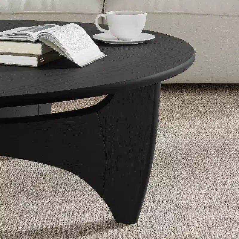 38" Round Modern Coffee Table, Farmhouse Solid Wood Tea Table with Cross Sturdy Legs, Black