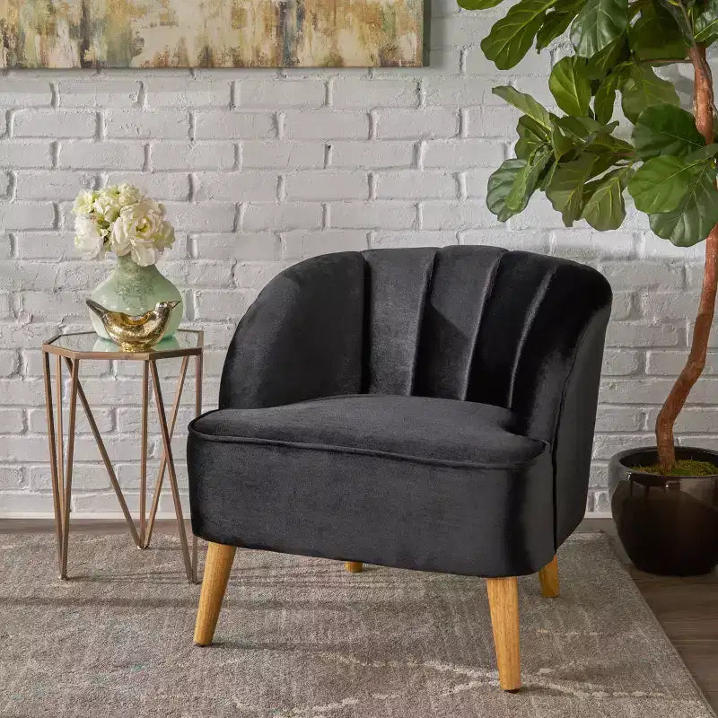 Mid-Century Modern Rubberwood Velvet Upholstered Accent Chair