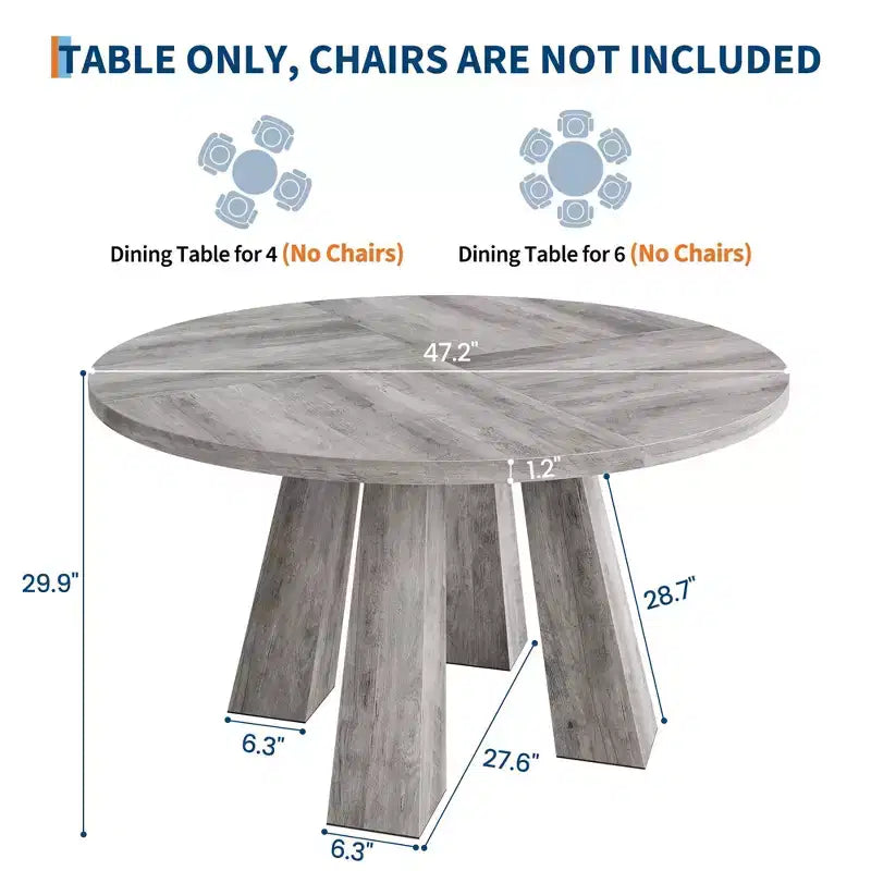 Round Dining Table for 4-6, 47 Wood Kitchen Dinner Table with Sturdy Base Pedestal for Living Room, Apartment
