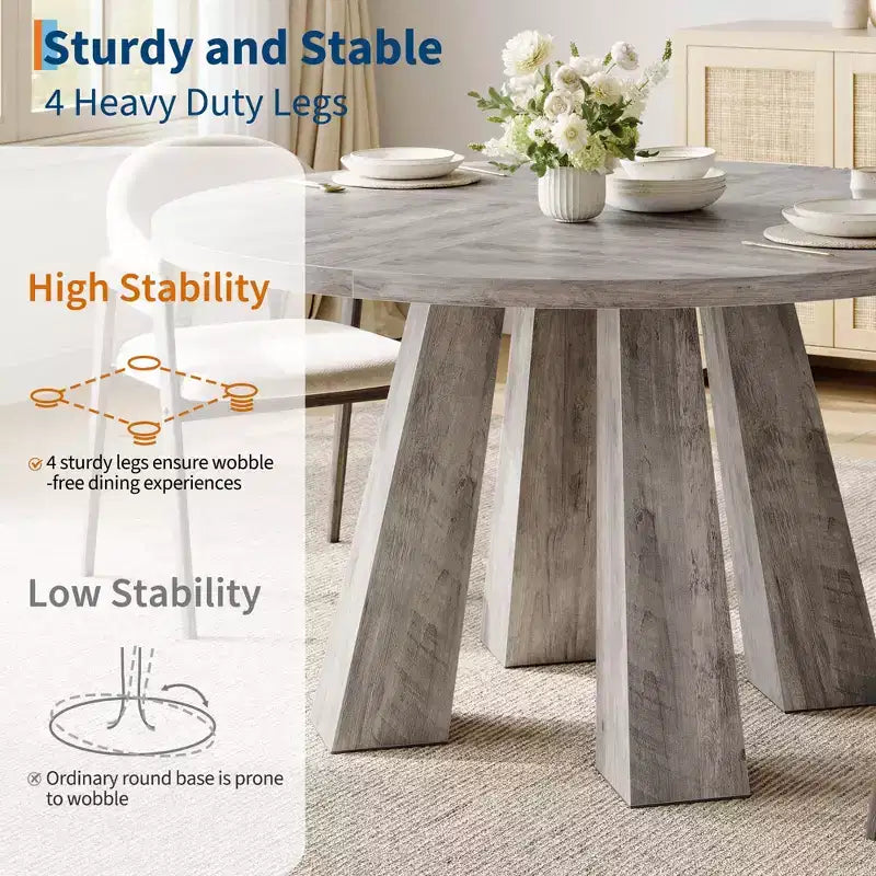 Round Dining Table for 4-6, 47 Wood Kitchen Dinner Table with Sturdy Base Pedestal for Living Room, Apartment