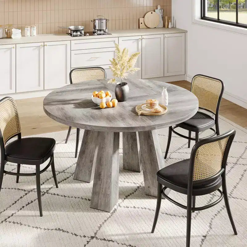 Round Dining Table for 4-6, 47 Wood Kitchen Dinner Table with Sturdy Base Pedestal for Living Room, Apartment