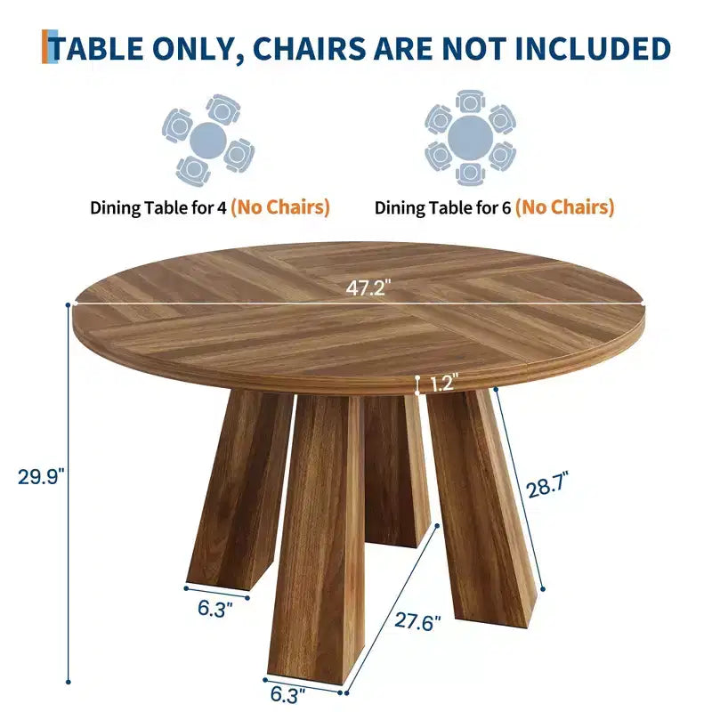 Round Dining Table for 4-6, 47 Wood Kitchen Dinner Table with Sturdy Base Pedestal for Living Room, Apartment