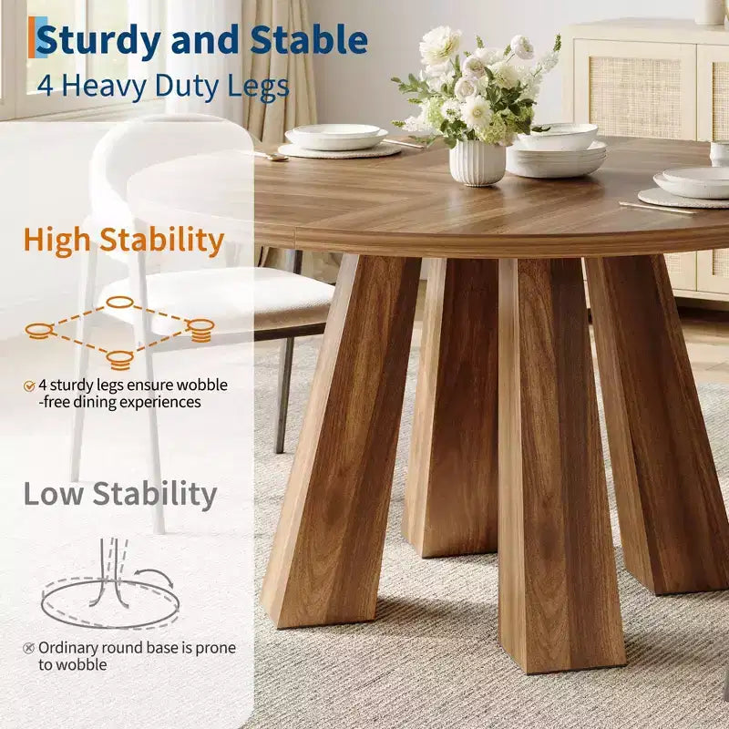 Round Dining Table for 4-6, 47 Wood Kitchen Dinner Table with Sturdy Base Pedestal for Living Room, Apartment