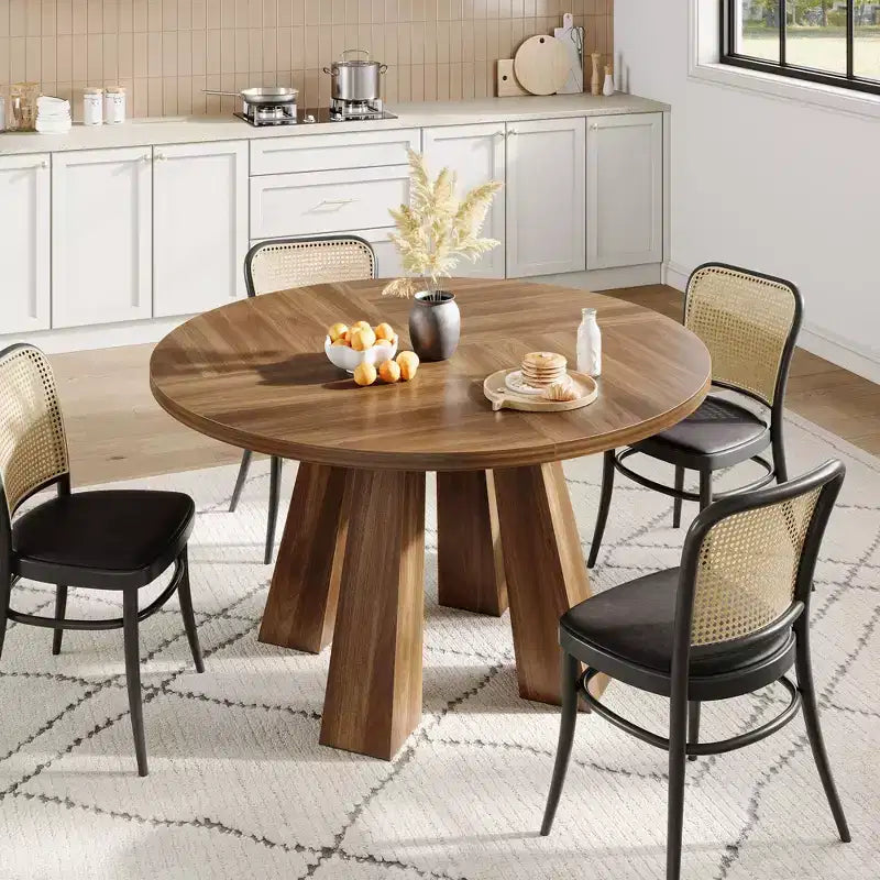 Round Dining Table for 4-6, 47 Wood Kitchen Dinner Table with Sturdy Base Pedestal for Living Room, Apartment
