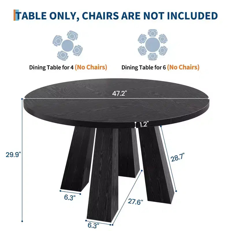 Round Dining Table for 4-6, 47 Wood Kitchen Dinner Table with Sturdy Base Pedestal for Living Room, Apartment