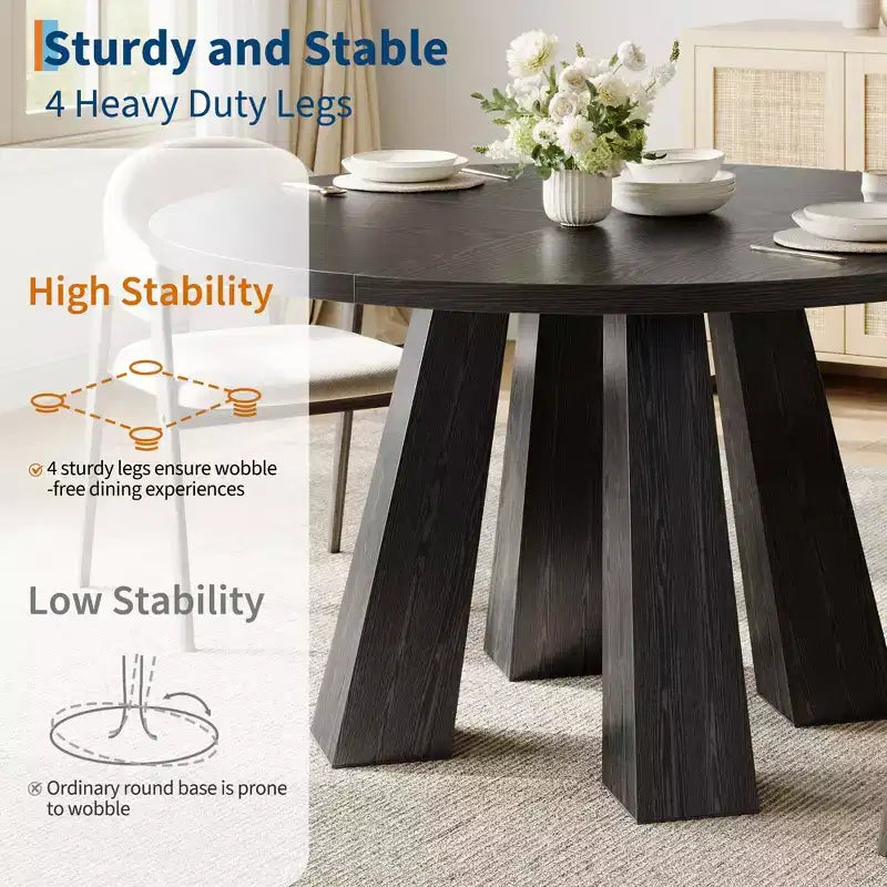Round Dining Table for 4-6, 47 Wood Kitchen Dinner Table with Sturdy Base Pedestal for Living Room, Apartment