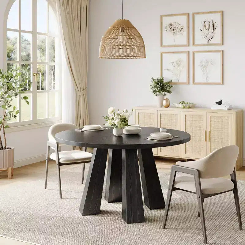 Round Dining Table for 4-6, 47 Wood Kitchen Dinner Table with Sturdy Base Pedestal for Living Room, Apartment