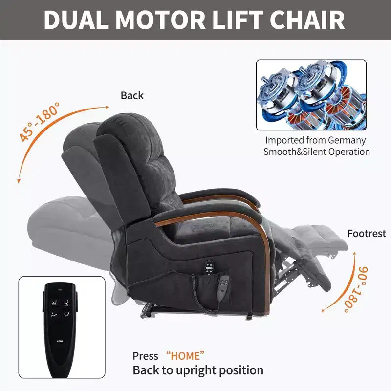 Grey Chenille Power Lift Recliner Chair with Solid Wood Armrests and Heat Massage for Living Room Apartment