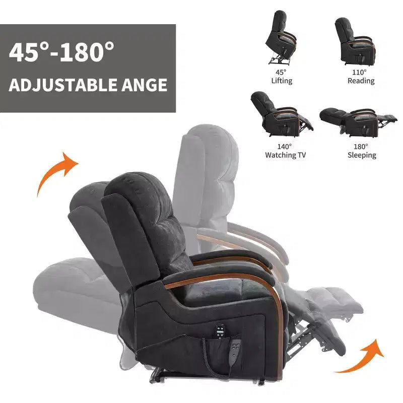 Grey Chenille Power Lift Recliner Chair with Solid Wood Armrests and Heat Massage for Living Room Apartment