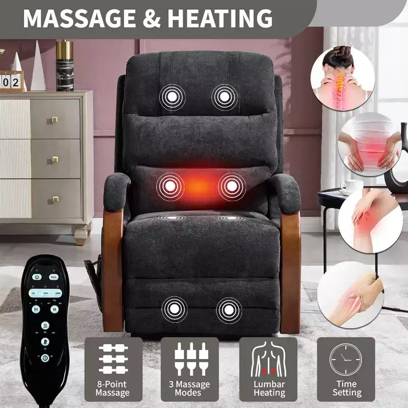 Grey Chenille Power Lift Recliner Chair with Solid Wood Armrests and Heat Massage for Living Room Apartment