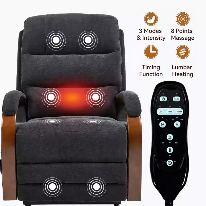 Grey Chenille Power Lift Recliner Chair with Solid Wood Armrests and Heat Massage for Living Room Apartment