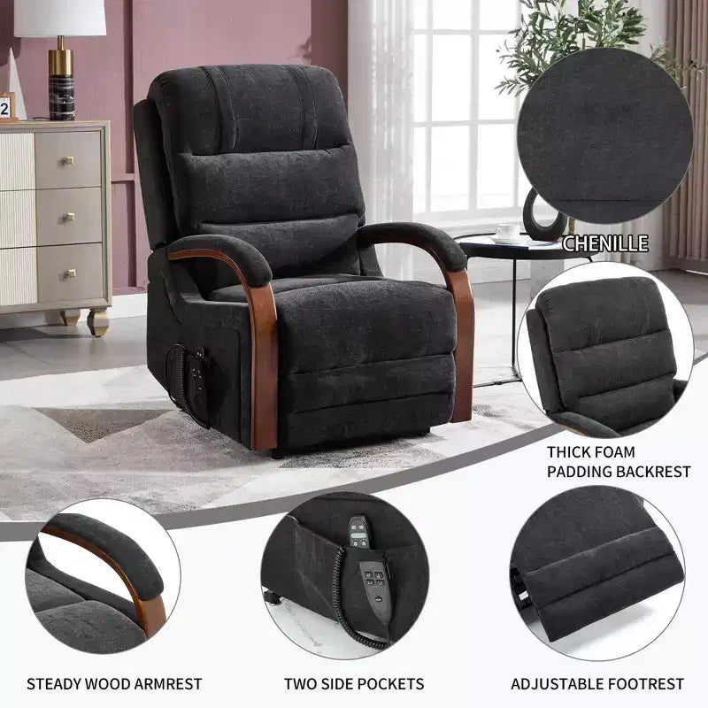Grey Chenille Power Lift Recliner Chair with Solid Wood Armrests and Heat Massage for Living Room Apartment