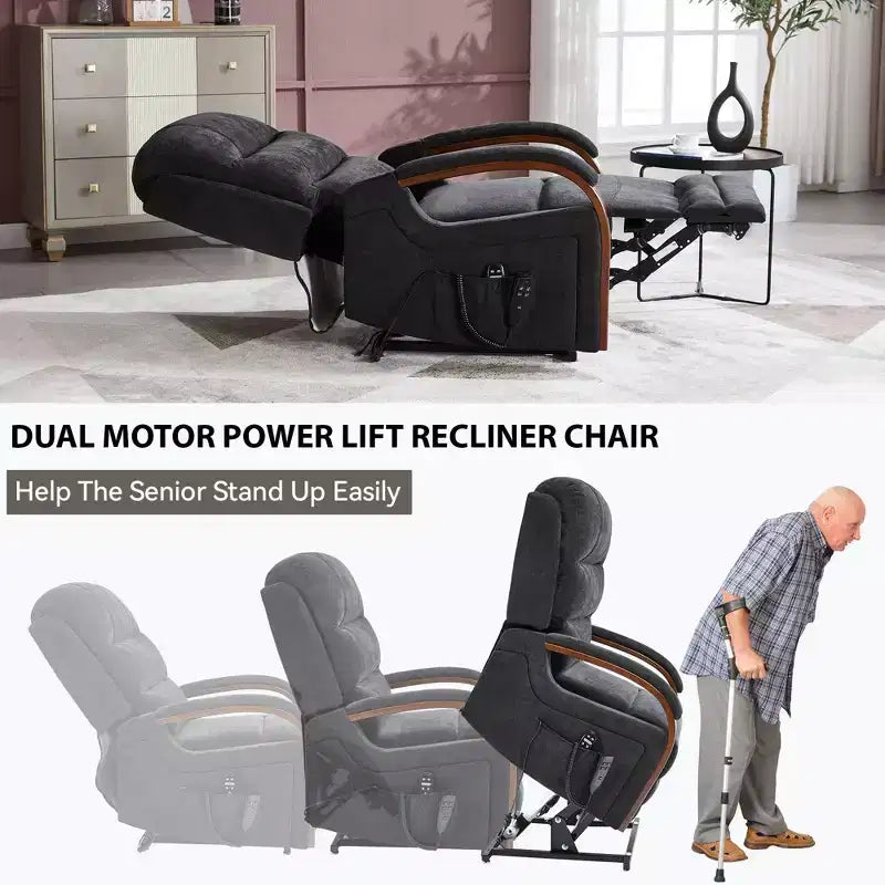 Grey Chenille Power Lift Recliner Chair with Solid Wood Armrests and Heat Massage for Living Room Apartment