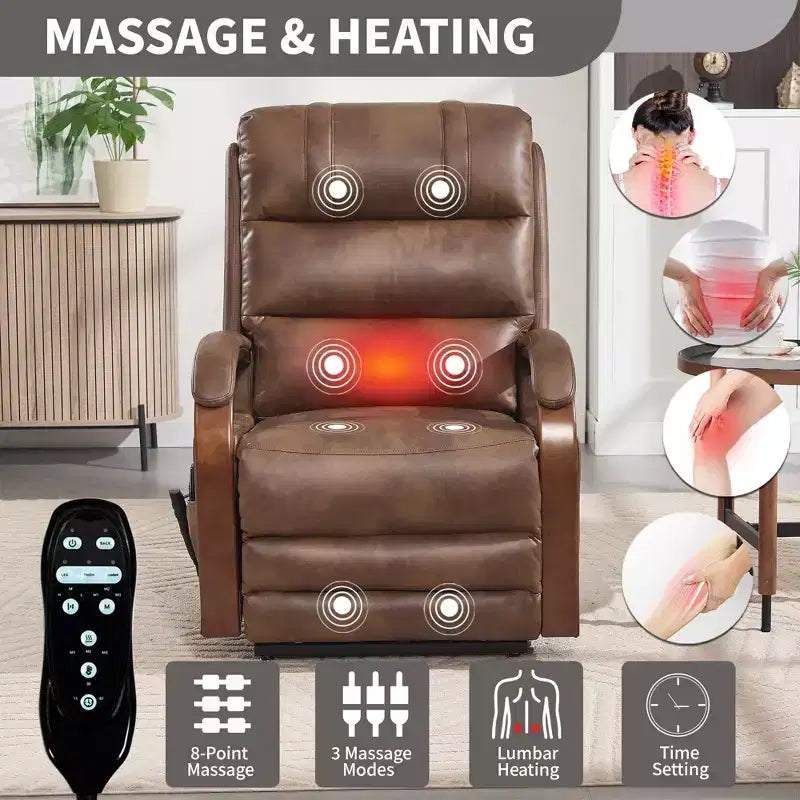 Grey Chenille Power Lift Recliner Chair with Solid Wood Armrests and Heat Massage for Living Room Apartment