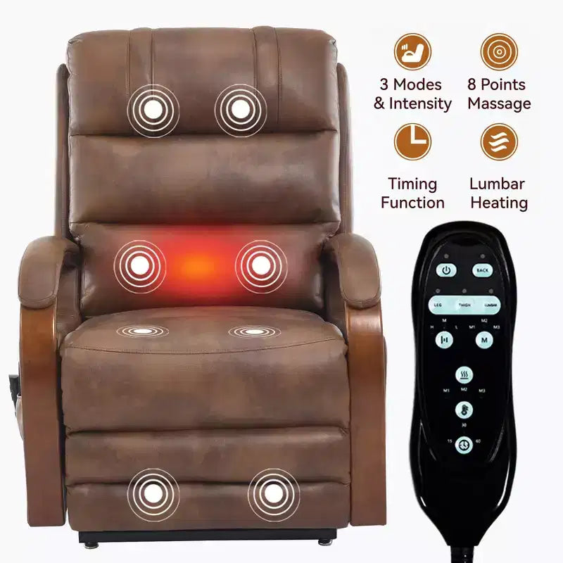 Grey Chenille Power Lift Recliner Chair with Solid Wood Armrests and Heat Massage for Living Room Apartment
