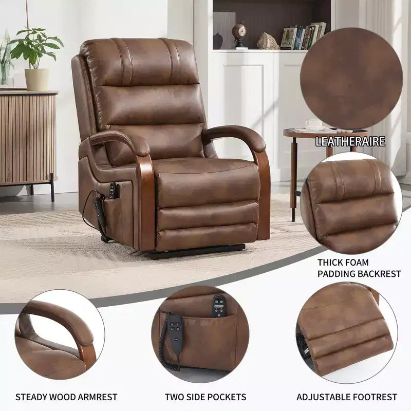 Grey Chenille Power Lift Recliner Chair with Solid Wood Armrests and Heat Massage for Living Room Apartment