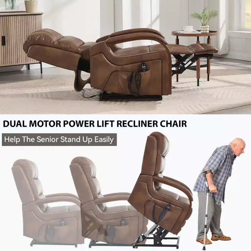 Grey Chenille Power Lift Recliner Chair with Solid Wood Armrests and Heat Massage for Living Room Apartment
