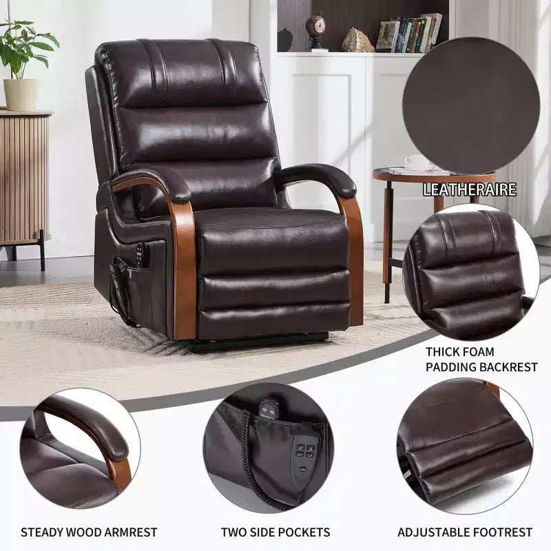 Grey Chenille Power Lift Recliner Chair with Solid Wood Armrests and Heat Massage for Living Room Apartment