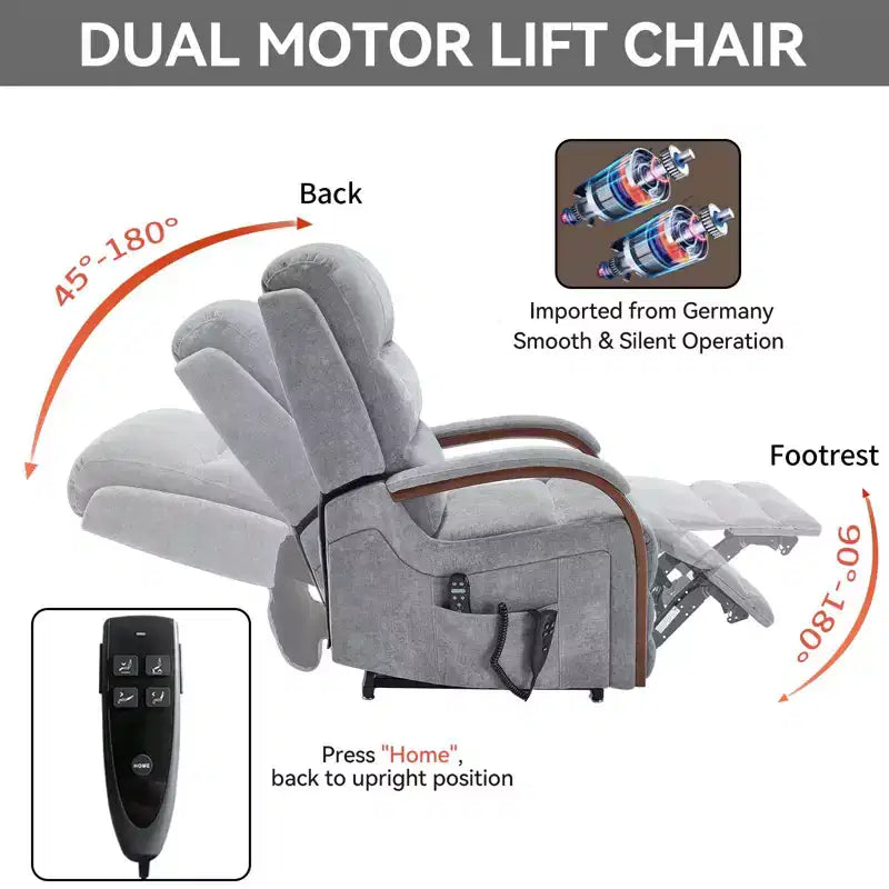 Grey Chenille Power Lift Recliner Chair with Solid Wood Armrests and Heat Massage for Living Room Apartment