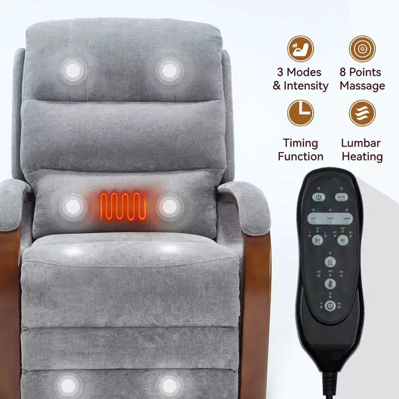 Grey Chenille Power Lift Recliner Chair with Solid Wood Armrests and Heat Massage for Living Room Apartment